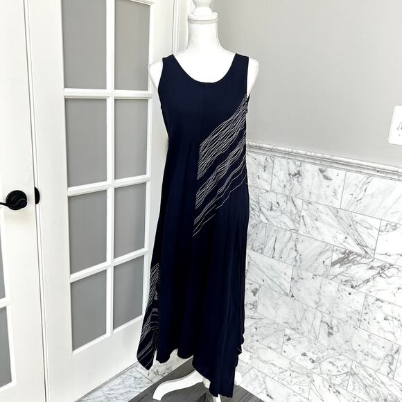 Neiman Marcus Linen Navy Blue Dress Asymmetrical Hem Maxi Medium - Picture 2 of 8
